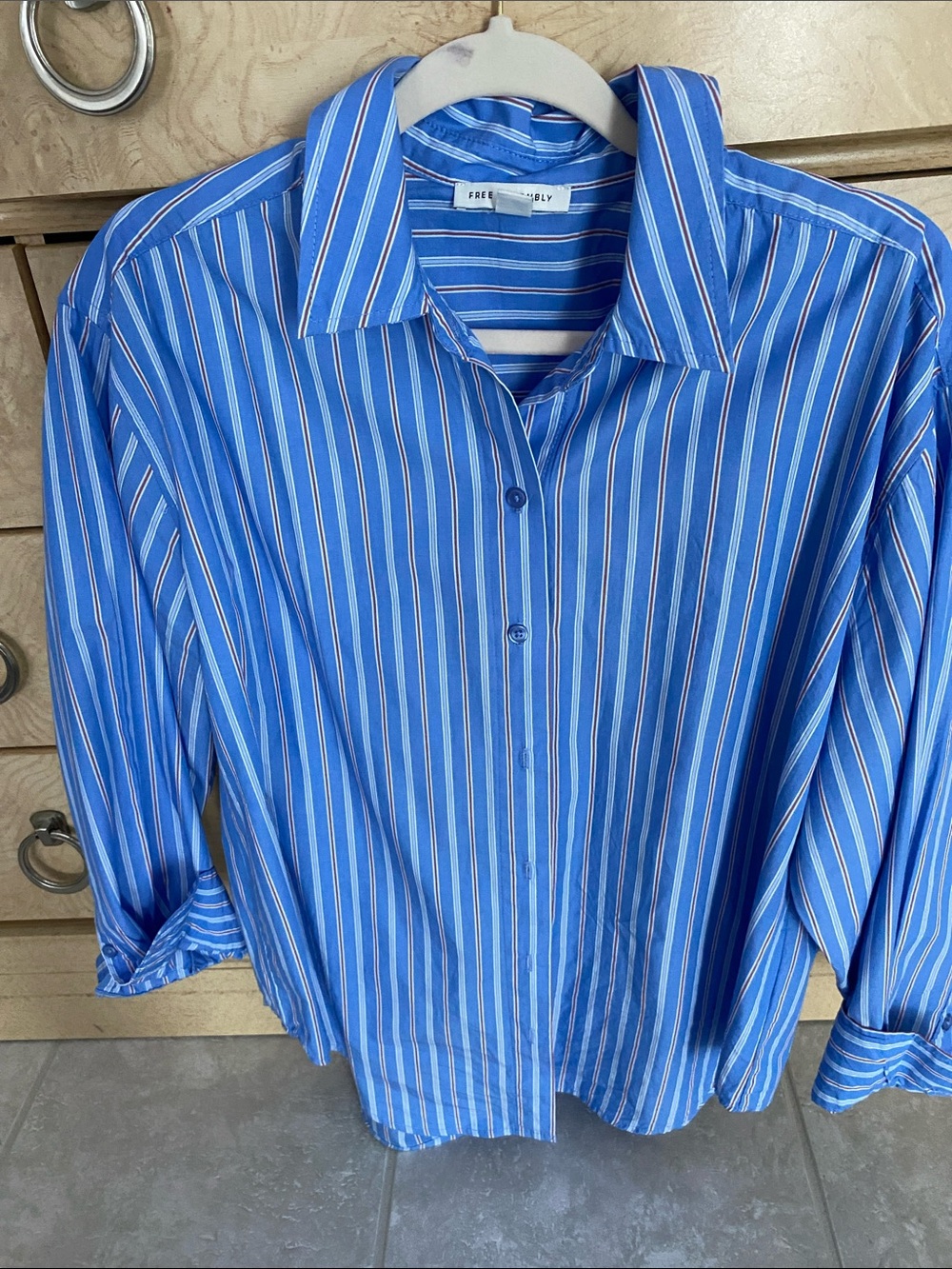 Free Assembly Blue Striped Button-Down  (Men’s wear look) Blouse